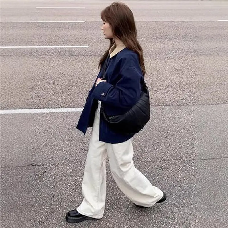 新款杏色春秋重工牛仔裤高腰拖地女裤子直筒阔腿宽松小个子三本针