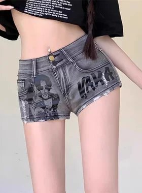 辣妹女超短裤性感印花牛仔破洞复古美式热裤时尚低腰薄款夏季包臀