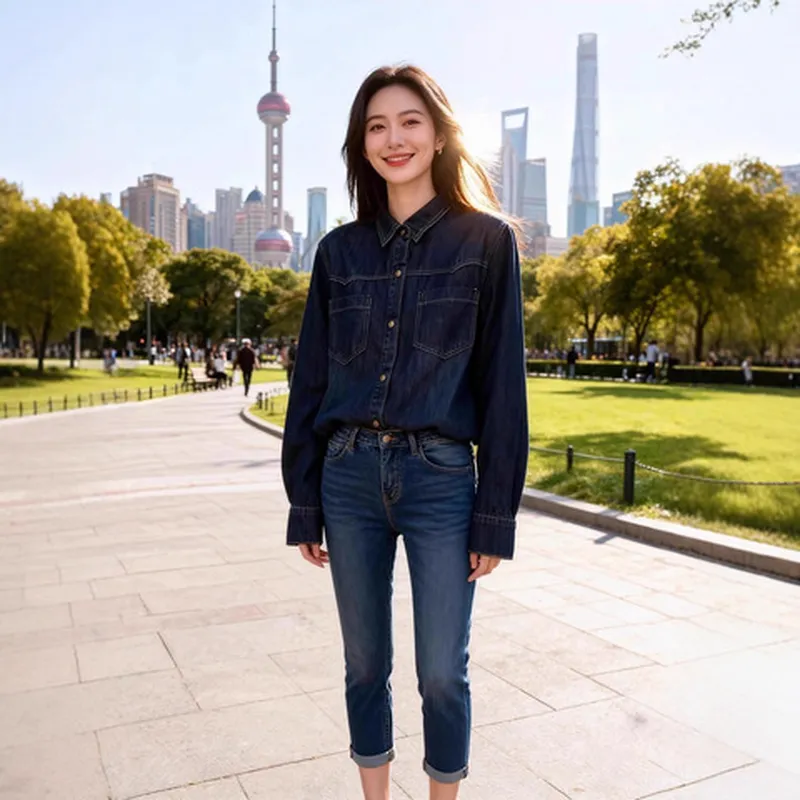 内搭衬衫水洗牛仔女通勤风叠穿复古外套气质深蓝色上衣百搭春秋季