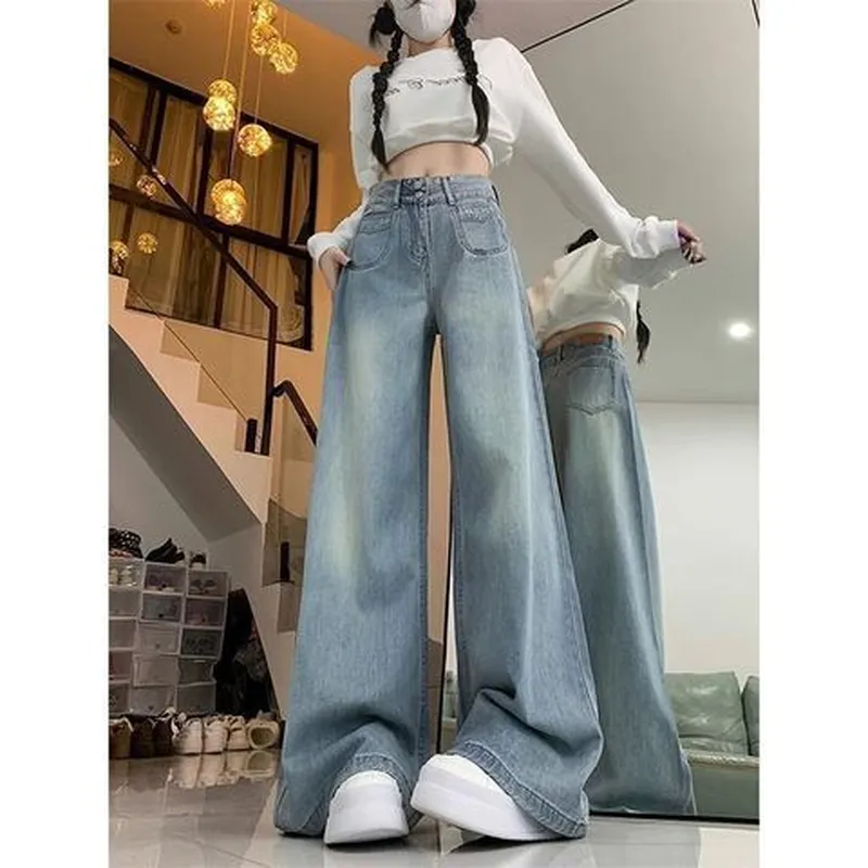 垂感高腰牛仔裤直筒宽松阔腿2025浅蓝色新款女双扣显瘦春夏轻薄