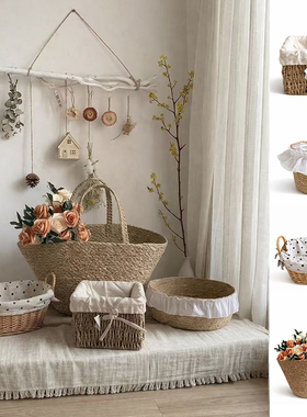 ins简约手工编织花篮 网红春天背景装饰plog桌面静物拍照打卡布景