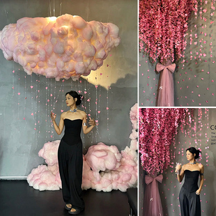 樱花粉色花朵云拍照道具打卡点场景布置装饰咖啡店吊饰网红情人节