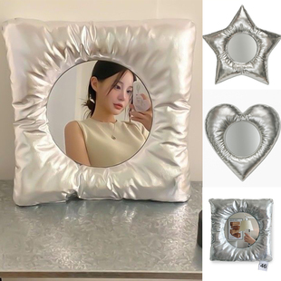 韩国简约ins银色抱枕镜子化妆拍照网红打卡道具装饰背景店铺布置
