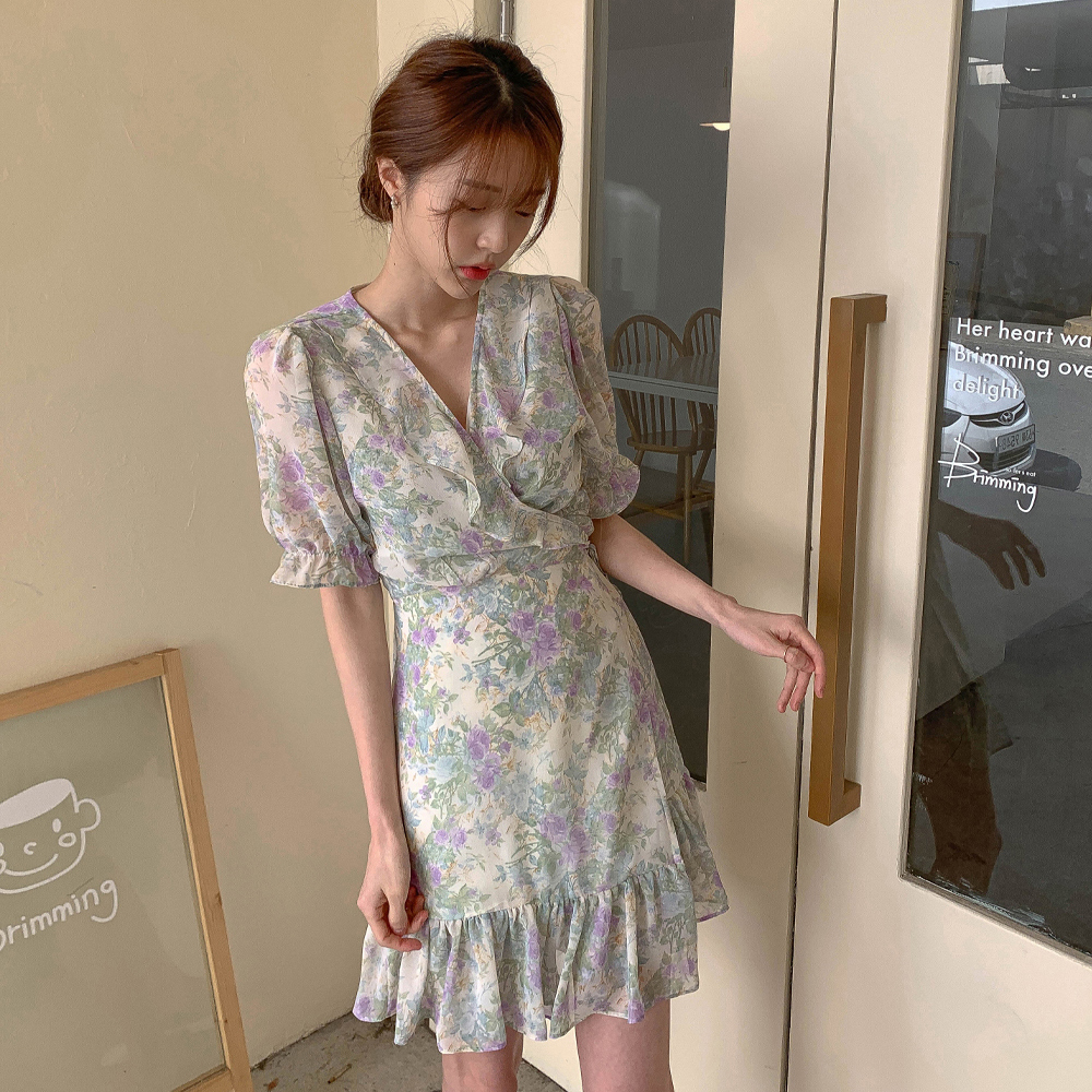 韩版碎花裙夏季中长款V领连衣裙