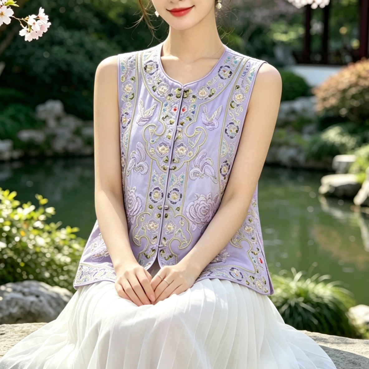 禅意减龄国风茶服马甲女改良刺绣唐装浅紫色新中式无袖外搭坎肩