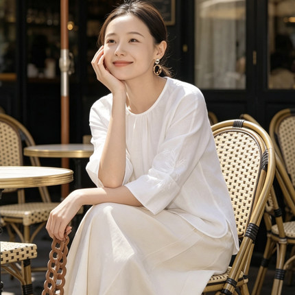 禅意茶服白色亚麻上衣盘扣圆领宽松佛系文艺新中式七分袖衬衫女