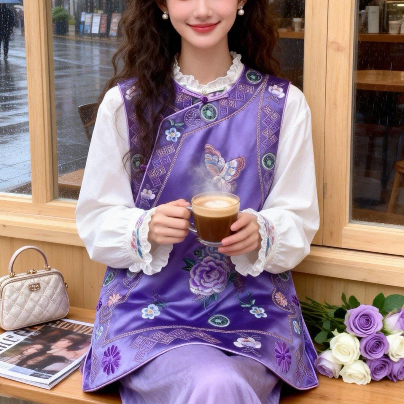 改良国风紫色蝴蝶牡丹刺绣唐装马甲女新中式斜襟盘扣复古外搭上衣