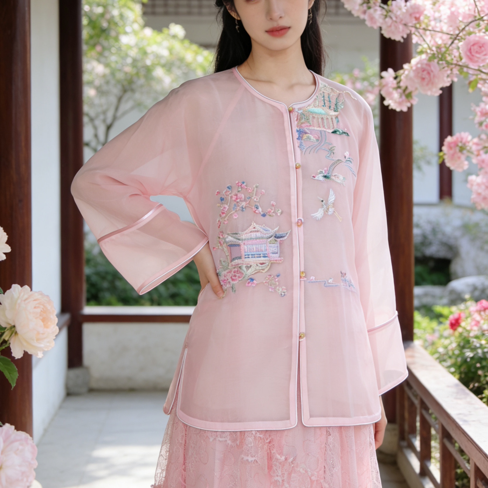 真丝欧根纱新中式粉色圆领衬衫外套春夏新款重工刺绣国风上衣女