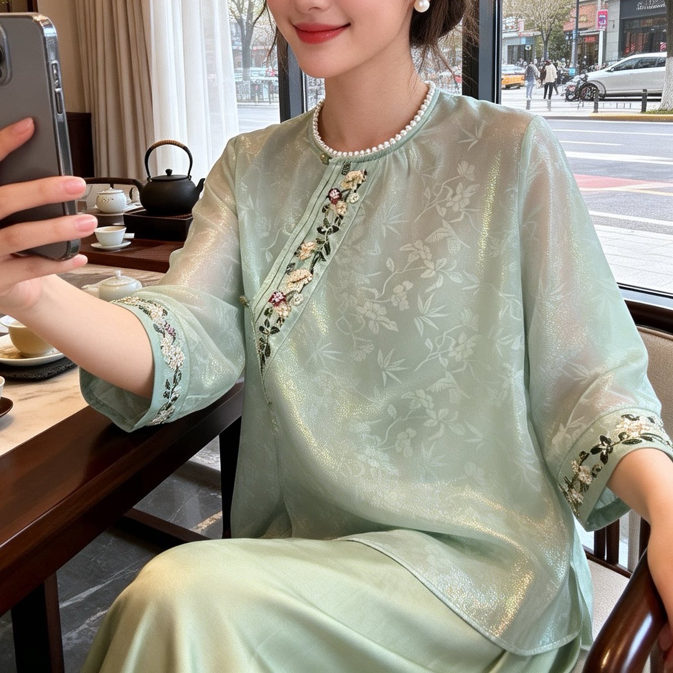 新中式上衣女国风改良旗袍圆领桑蚕丝刺绣减龄气质宽松茶服衬衫