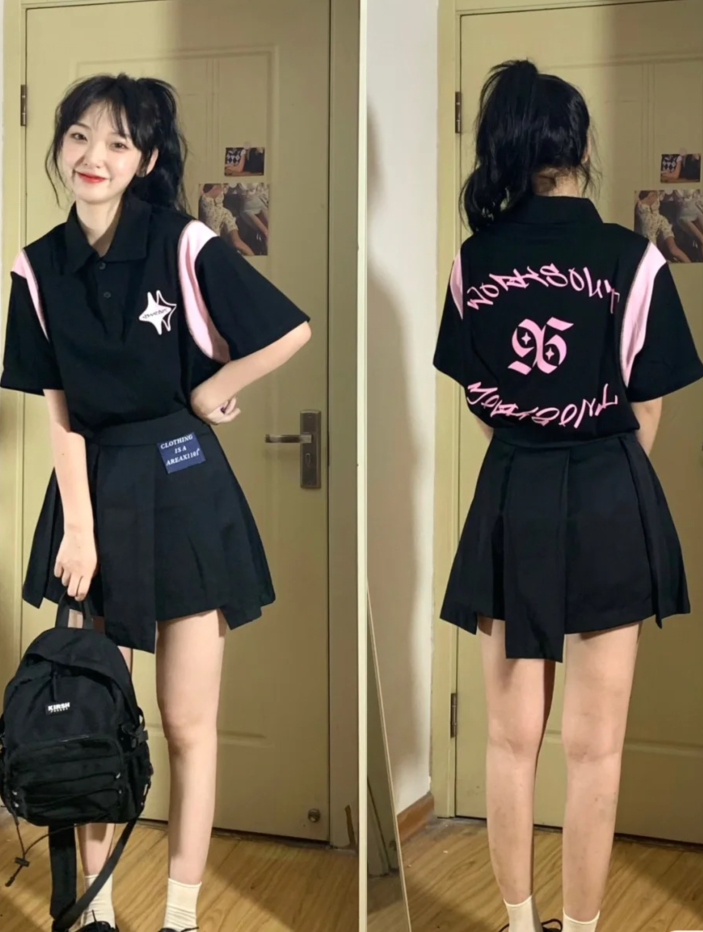 남성과 여성을위한 여름 새 인쇄 미국 복고풍 더블 스타 스티치 반팔 폴로 셔츠 새 여름 티셔츠