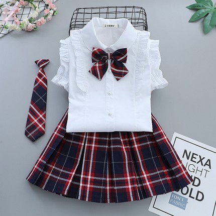 女童白衬衫套装春秋新款中小学生校服运动幼儿园园服演出服格子裙