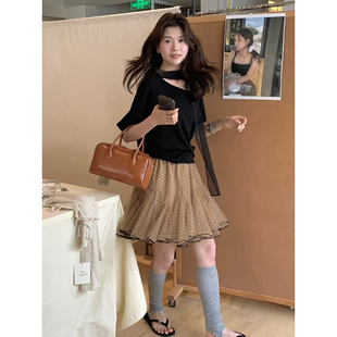 自制日系飘逸感网纱波点半身短裙小个子学生超仙女奶茶棕a字中裙