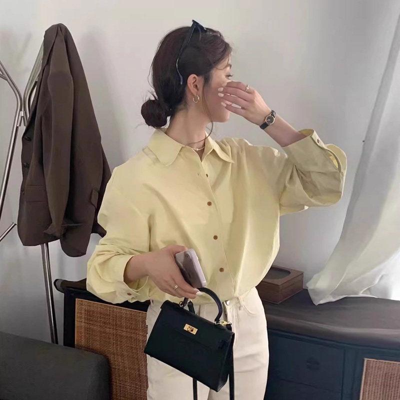自制韩日系简约复古长袖衬衫女早秋港风高级感奶油黄宽松气质衬衣