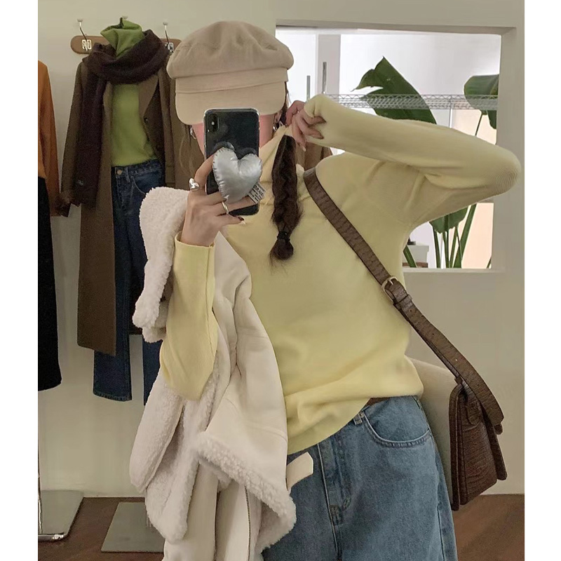 自制奶黄色日系堆堆领针织打底衫