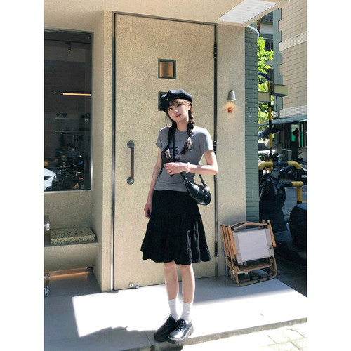 小个子甜美风褶皱高腰半身裙