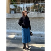 自制日系工装 风克莱因蓝色半身裙女小众设计感包臀灯芯绒直筒中裙