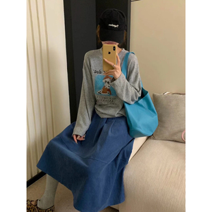 自制日系学院风靛蓝色拼接半身裙女小个子高腰中长款 灯芯绒a字裙