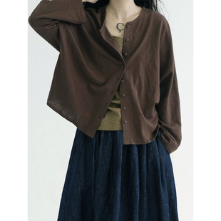肌理感日系慵懒风焦糖色衬衫 外搭 外套女秋宽松圆领单排扣针织开衫