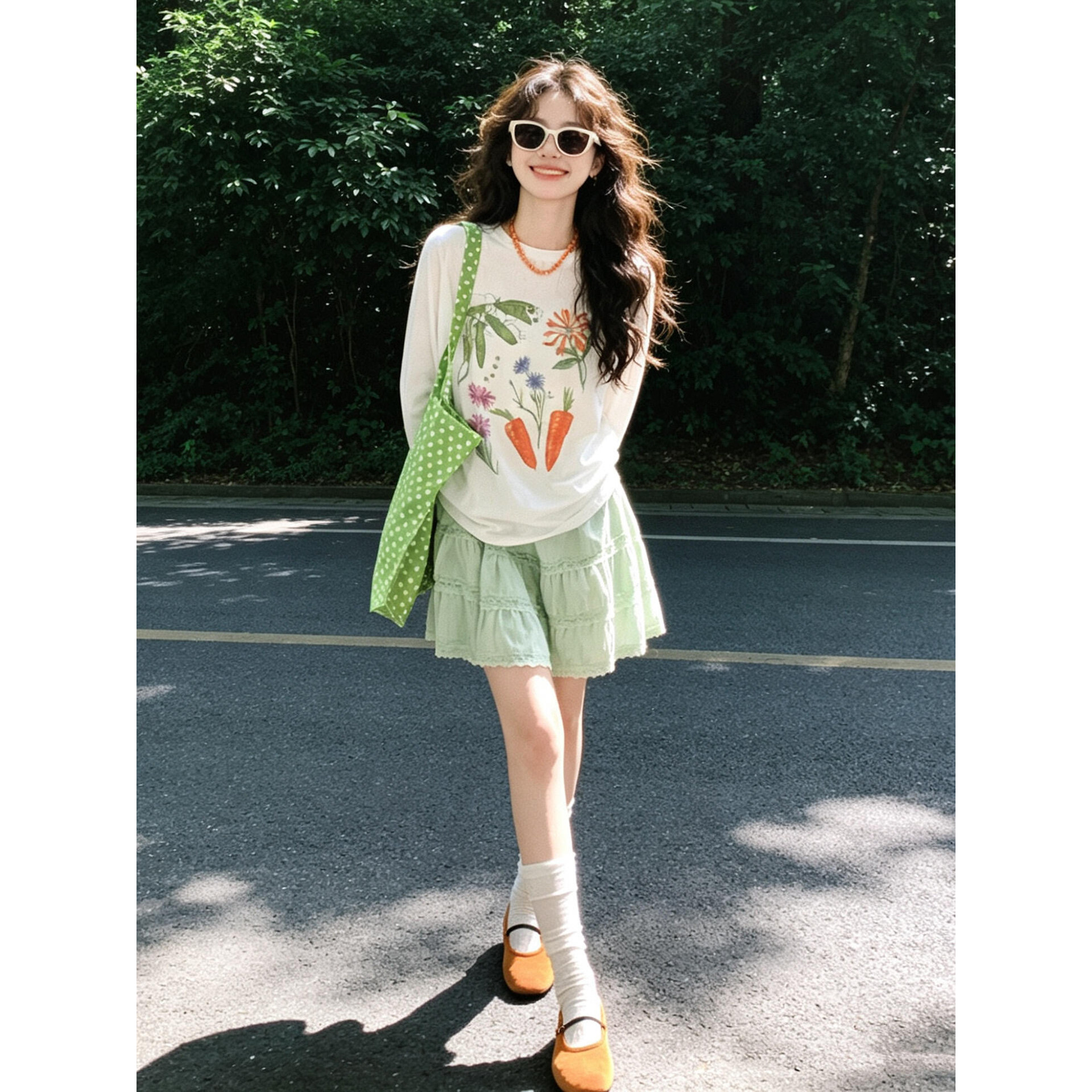 日系少女风苹果绿色花边拼接短裙小个子学生显高松紧腰蕾丝半身裙