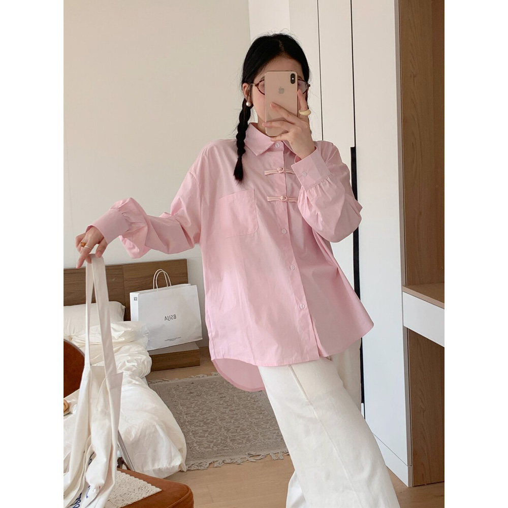 自制新中式藕粉色盘扣长袖衬衫女春季法式甜美小众高级感防晒衬衣