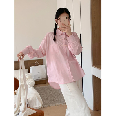 新中式藕粉色盘扣长袖衬衫女春季