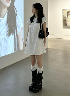 日系极简风白色减龄短袖衬衫裙女