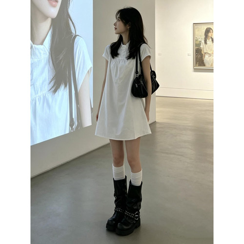 日系极简风白色减龄短袖衬衫裙女
