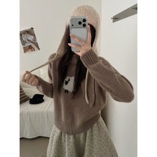 日系可爱风卡其棕兔耳朵长袖毛衣外套少女甜美小羊针织套头针织衫