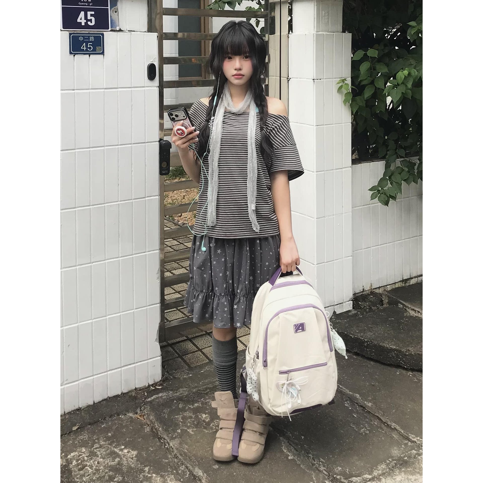 日系少女感灰色星星印花显瘦半身裙秋可爱风甜美遮胯高腰蛋糕中裙