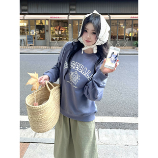 自制日系慵懒风灰蓝色字母印花卫衣女秋冬学院风圆领长袖上衣外套
