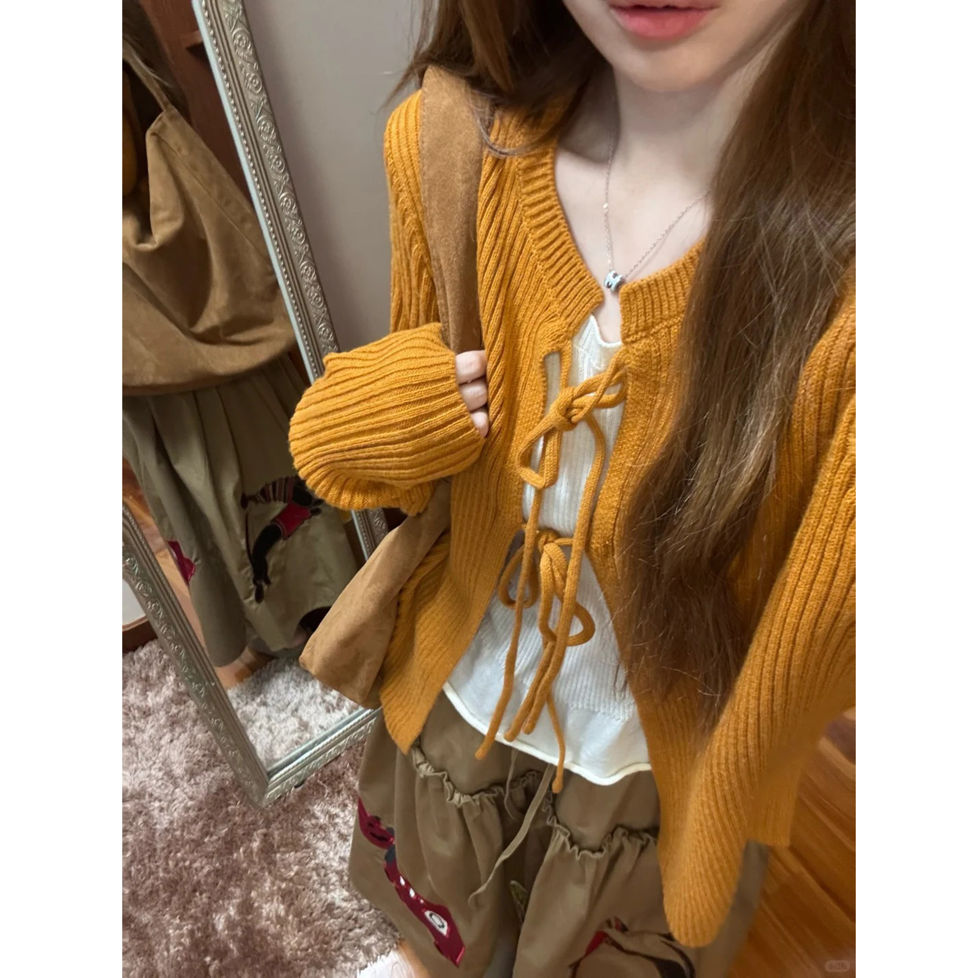 日系设计感南瓜橘色绑带针织开衫
