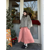 秋冬保暖工装 防风藕粉色半身裙女甜美日系学生中长款 拼接a字伞裙