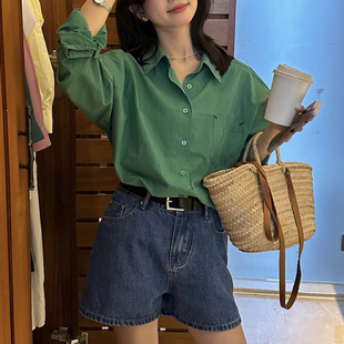 自制日系果绿色长袖衬衫春季湖绿色学生清新百搭显瘦翻领衬衣