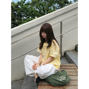 自制甜美奶油日系黄色条纹短袖衬衫女宽松显瘦设计感系带抽绳上衣