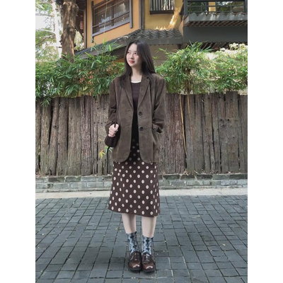 学院风棕色波点直筒高腰半身裙