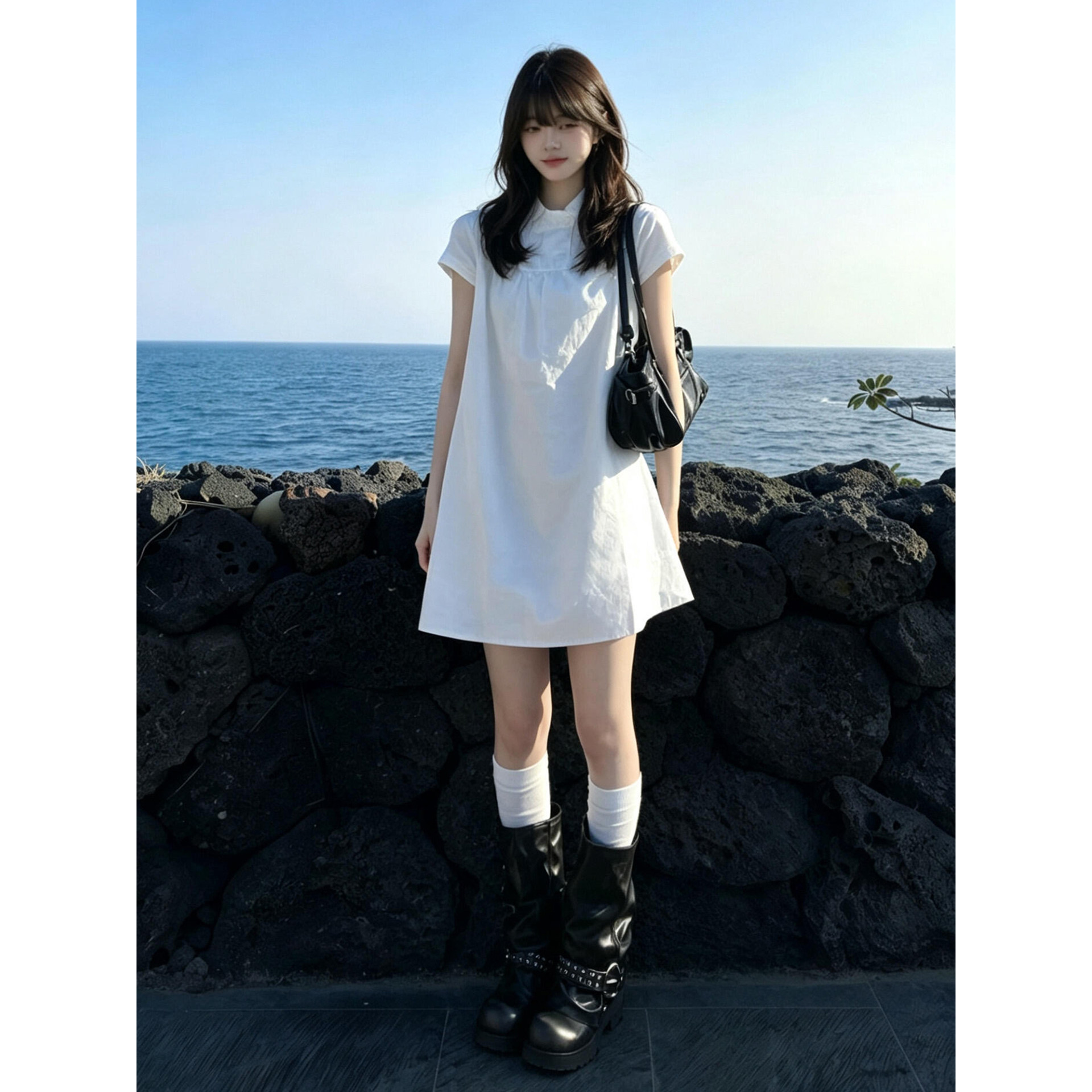 甜美日系学院风白色娃娃领连衣裙夏少女风可爱宽松显瘦学生超短裙
