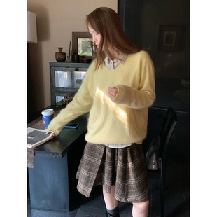 甜美日系奶fufu色软糯风v领毛衣外穿少女学生可爱温柔长袖针织衫
