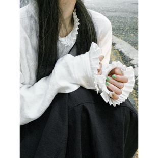 自制法式小众设计感白色亚麻长袖衬衫女日系学院慵懒风荷叶边上衣