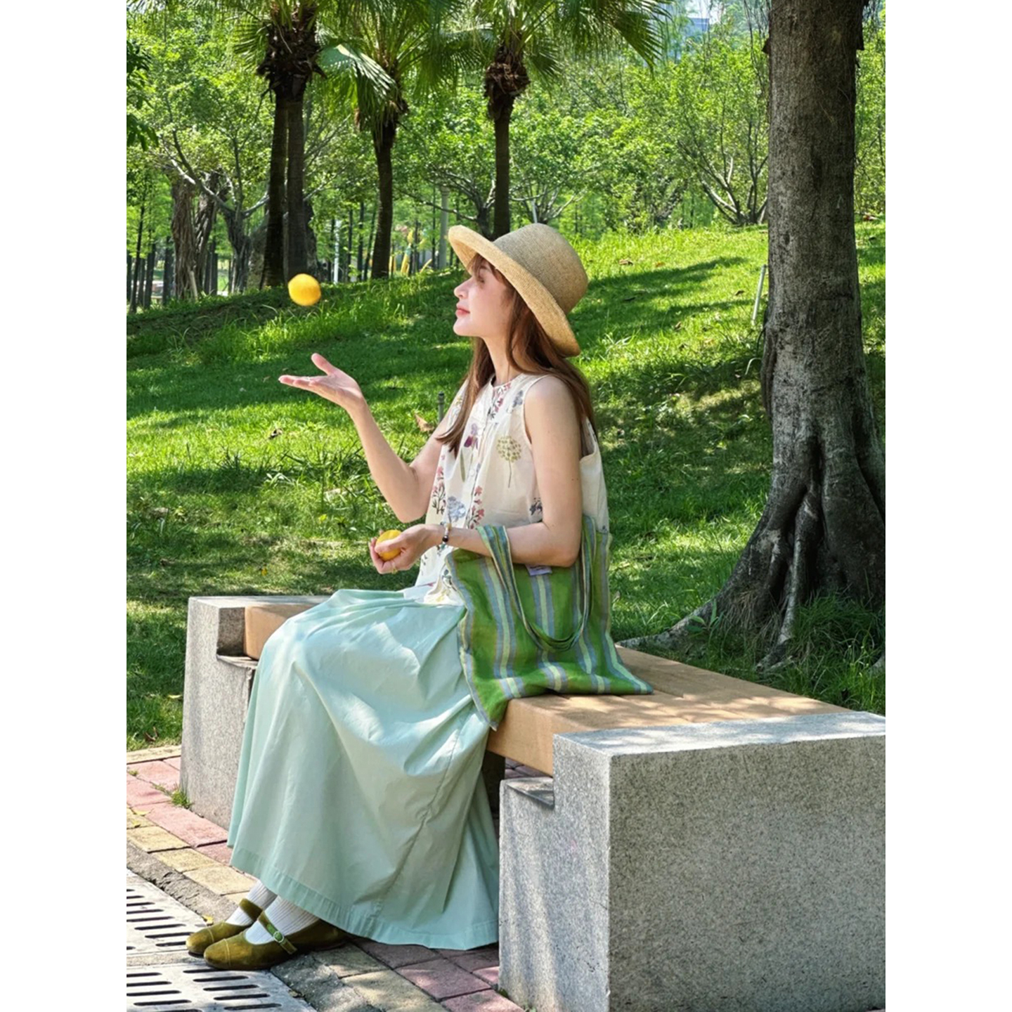 自制日系甜美薄荷绿色半身裙夏慵懒风少女感a字高腰百搭中长伞裙