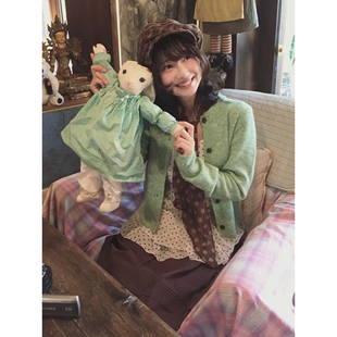 日系小个子薄荷绿圆领针织开衫女春秋氛围感温柔长袖短款毛衣外套