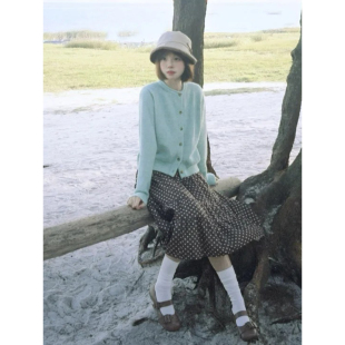 自制日系棕色波点拼接半身裙女慵懒风复古文艺学生高腰蛋糕裙中裙