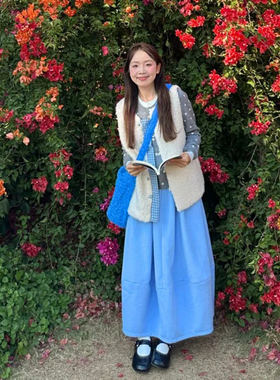 自制日系温柔风天蓝色花苞毛呢半身裙女秋冬慵懒风宽松呢子中长裙