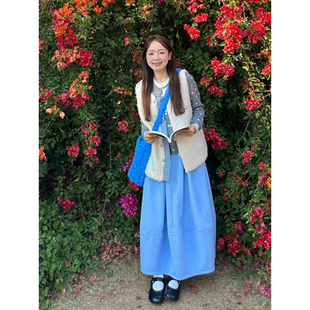 自制日系温柔风天蓝色花苞毛呢半身裙女秋冬慵懒风宽松呢子中长裙