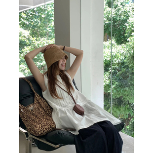 自制日系钩花慵懒风无袖衬衫女宽松显瘦花边设计感中长款叠穿上衣