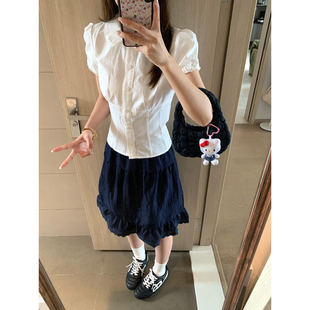 牛仔半身裙夏学生小众设计少女感花边蛋糕短裙 日系甜美深蓝色薄款