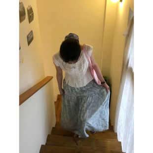 自制日系温柔风天蓝色碎花中长裙女秋季高级感文艺高腰休闲半身裙