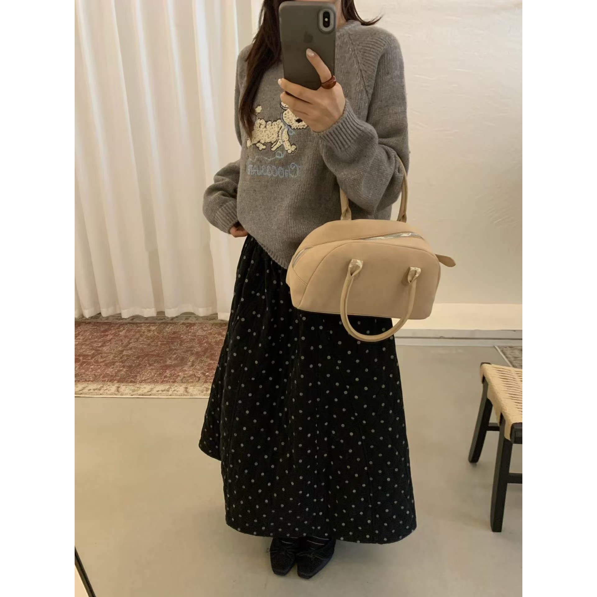 日系慵懒风黑色波点菱格高腰中长裙女秋冬加厚夹棉保暖宽松半身裙
