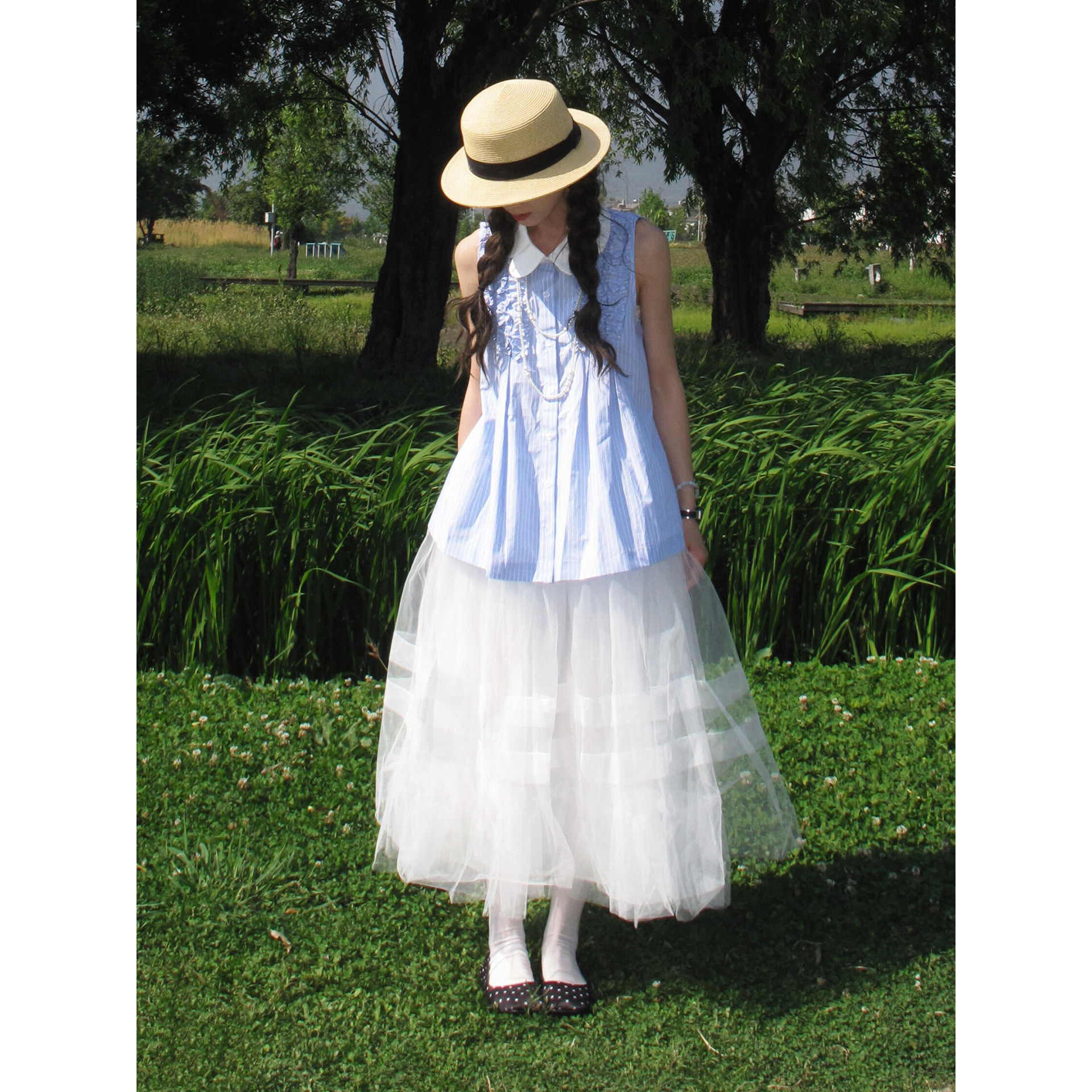 日系少女风浅蓝色条纹花边衬衫夏季小个子甜美学生花瓣领无袖上衣