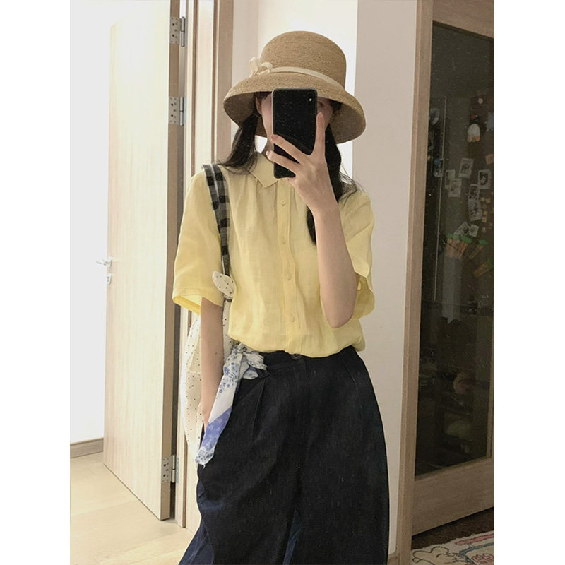 自制日系甜美奶油黄短袖衬衫女小个子学生小众设计感显高显白衬衣