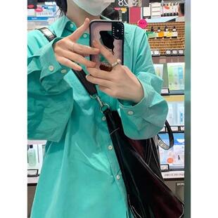 日系超显白湖绿色长袖衬衫女春韩里韩气慵懒风高端甜美糖果色衬衣